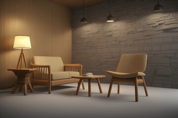 A chair and a lamp in front of a stone wall