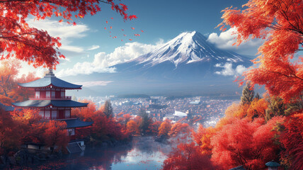Autumn in Japanese garden fuji moutain background,generative ai
