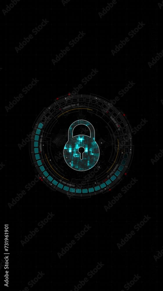 Poster motion graphic of blue digital security key logo and circle futuristic hud elements with network fir