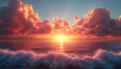 Beautiful sunset at sea and dramatic clouds on background, generative ai. - obrazy, fototapety, plakaty