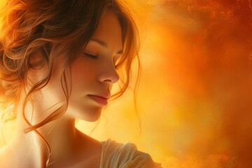 A woman stands enveloped in golden haze, her profile a silhouette of grace against the fiery whisper of dawn.

