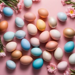 Stylish easter eggs and spring flowers border on pink paper flat lay, space for text. Modern natural dyed blue and marble easter eggs. Happy Easter. Greeting card template