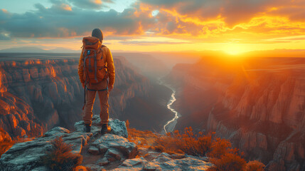 back view of a hiker with a heavy backpack, a man standing on the edge of a precipice overlooking a large rocky beautiful canyon at the bottom of which a small river flows, incredibly beautiful sky an - obrazy, fototapety, plakaty