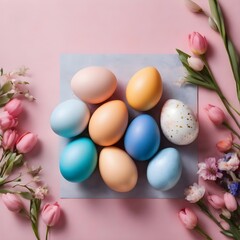Fototapeta na wymiar Stylish easter eggs and spring flowers border on pink paper flat lay, space for text. Modern natural dyed blue and marble easter eggs. Happy Easter. Greeting card template