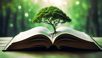a tree on book wisdom concept. little tree on a open book - library, literature, growth, learning, wisdom concept. creative illusration.