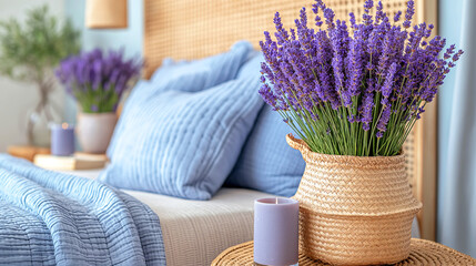fresh and serene bedroom corner featuring a bouquet of lavender in a woven basket, a lit candle, and comfortable blue bedding