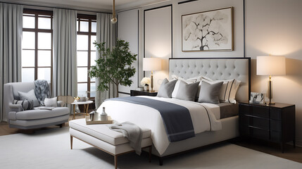 A transitional-style bedroom with a blend of traditional and modern elements