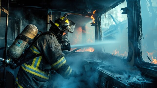Fireman putting out the fire inside the bus