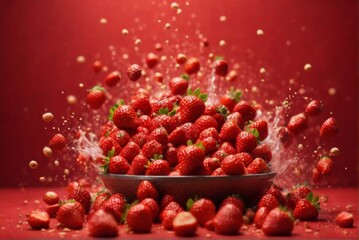Levitation concept of fresh strawberry with splashing on blurred red background