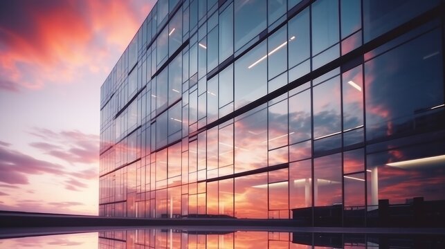 Modern office building or business center. High-rise window buildings made of glass reflect the clouds and the sunlight. empty street outside  wall modernity civilization. growing up business