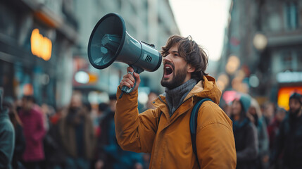 People talking into a megaphone, calling and showing power concept - obrazy, fototapety, plakaty