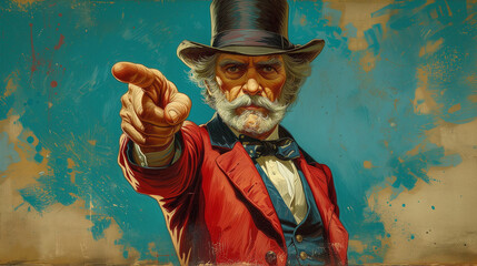 stylized image of uncle sam as an older serious man dressed in old-fashioned clothes and a top hat pointing his finger in front of him at the viewer - obrazy, fototapety, plakaty