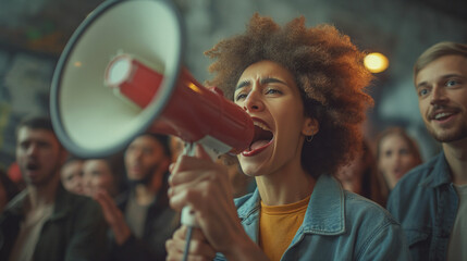 People talking into a megaphone, calling and showing power concept - obrazy, fototapety, plakaty