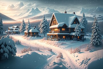 Describe a peaceful countryside during a gentle snowfall