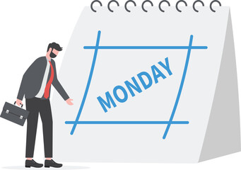 Monday blues, tired and fear of routine office work, depression or sadness worker, sleepy and frustrated on Monday morning, tired and sleepy businessman going to work with calendar showing Monday.

