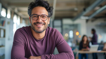 Obraz premium A smiling man with glasses is sitting in a casual office setting, exuding confidence and satisfaction.