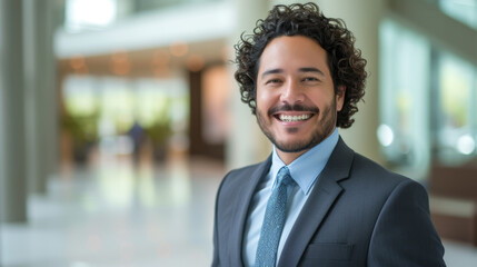 Fototapeta premium A cheerful man in a suit and tie stands confidently in an office environment, exuding professionalism and happiness.