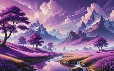 Poster Im Rahmen Dreamlike and surrealistic landscape wallpaper in purple tones © SnehaUniverse