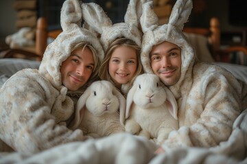 Bunny Family Portrait: A family of Easter Bunnies poses together for a portrait, with parents and children dressed in bunny costumes