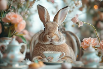 The Easter Bunny enjoys a leisurely tea time while surrounded by colorful eggs.