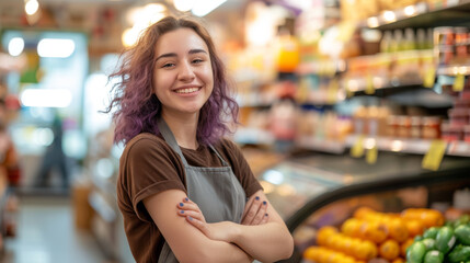 A cheerful supermarket employee in an apron stands smiling in the store, embodying friendly customer service amidst the grocery aisles.