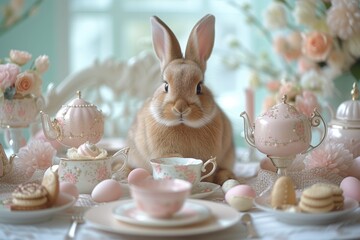 The Easter Bunny enjoys a leisurely tea time while surrounded by colorful eggs.