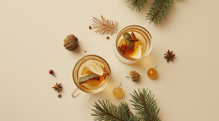 mulled herbal tea with acorns and pine leaves on a be - obrazy, fototapety, plakaty