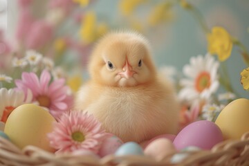 A petite chick perched beside a cluster of colorful eggs, evoking the festive spirit of Easter celebration.