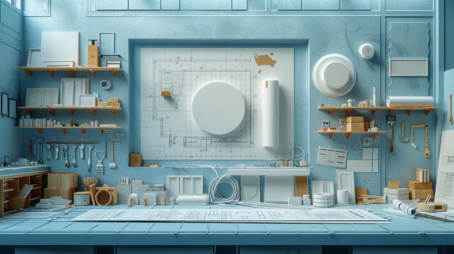 Design blueprint-style image showcasing well-planned drywall installation with planks, tools, and efficient layout, accented by blue elements.generative ai