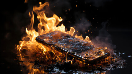 Mobile phone engulfed in flames, depicting crisis and urgency in digital technology industry. Red and orange hues intensify the mood of danger and destruction
