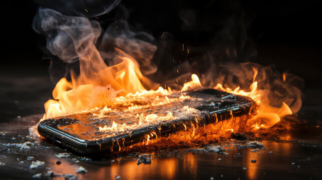 Mobile phone engulfed in flames, depicting crisis and urgency in digital technology industry. Red and orange hues intensify the mood of danger and destruction