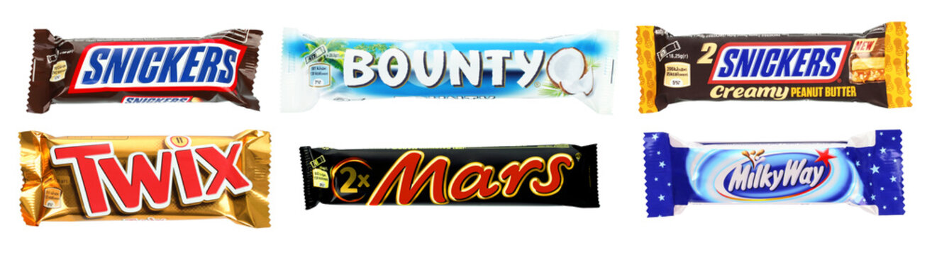 Set of popular Chocolate Bars of Mars Incorporated company, isolated on white background. Mars, Incorporated is a manufacturer of confectionery, pet food, and other food products