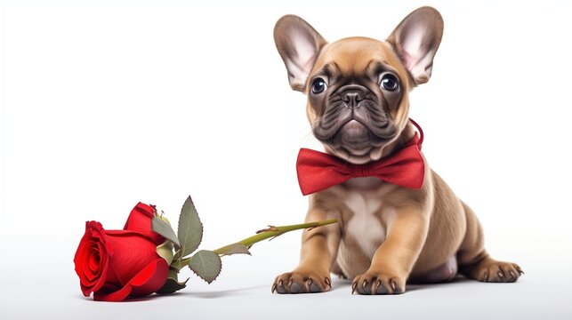 An adorable image featuring a Valentine puppy, a cute dog holding a red rose in its mouth as a heartwarming gift for Valentine's Day. 