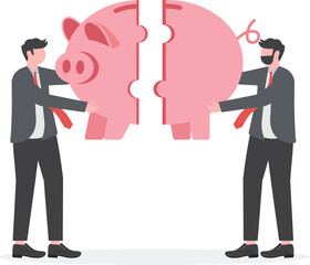 Connection, businessmen assemble a piggy bank puzzle. Business metaphor of a joint venture, partnership or teamwork

