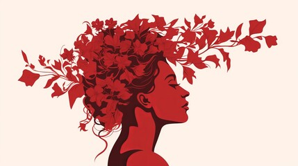 Abstract silhouette of tender woman with red flowers and leaves, femininity concept
