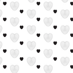Seamless pattern with big and small hearts in black on white background for holidays, valentine's day, wallpapers, wrapping, marketing, packaging