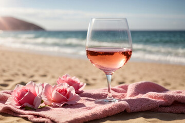 glass of wine on the beach with flowers