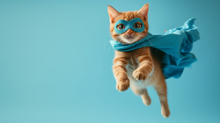 a yellow striped cat with a blue cape and a blue mask like a super hero flying on a soft blue monochrome background