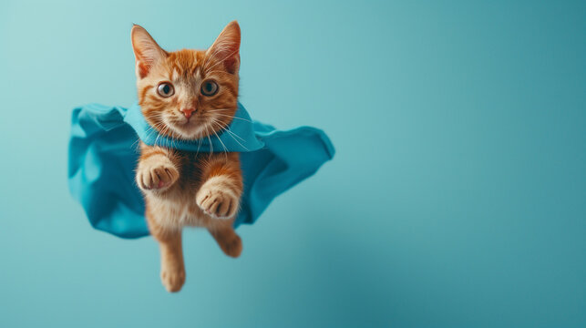 a red-haired striped cat with a blue cloak like a super hero flying on a soft blue plain background