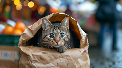 let the cat out of the bag, A tabby cat sits in a paper bag, gazing out with large, expressive eyes, set against a blurred background of a bustling market