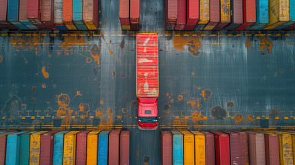 in a place where many large containers are stacked evenly, a truck is parked with one more container where there is room, view from above - obrazy, fototapety, plakaty