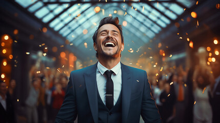 Happy businessman laughing in crowd, successful, goal, achievement, confident, proud, positive, good mood