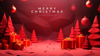 Merry Christmas Red 3D Background Template © Lubna