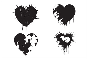 Broken heart gothic vector Silhouette set, love sign gothic Silhouette and cracked grunge Silhouette shapes.