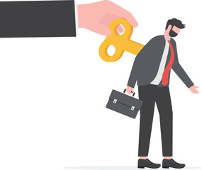 Exhausted employee recharged, power up or wind up to stimulate or motivate fatigue person concept, manager big hand turn wind up key or winder clockwork to motivate businessman office worker.

