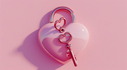 pink background with heart shaped lock and key in the