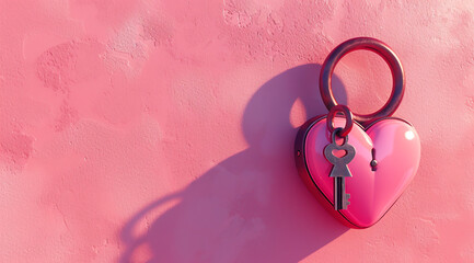 pink background with heart shaped lock and key in the - obrazy, fototapety, plakaty