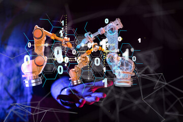 Neural network 3D illustration. Big data and cybersecurity - connection