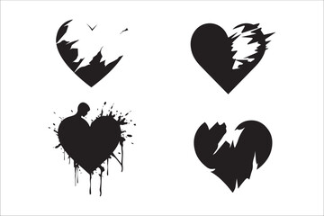 Broken heart gothic vector Silhouette set, love sign gothic Silhouette and cracked grunge Silhouette shapes.