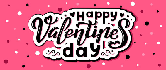 Happy Valentine’s Day black lettering phrase on textured background. Hand drawn vector illustration with text decor for template or banner. Positive motivational quote with heart for poster or card